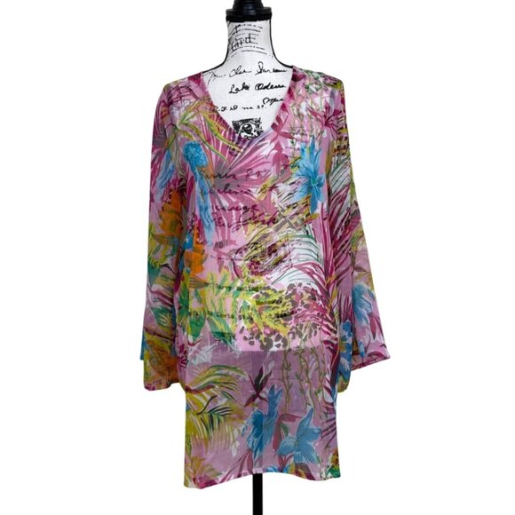 Jean-Pierre Klifa Paris Women's Sheer Dress Tunic Cover Up Tropical Size M - Picture 1 of 6